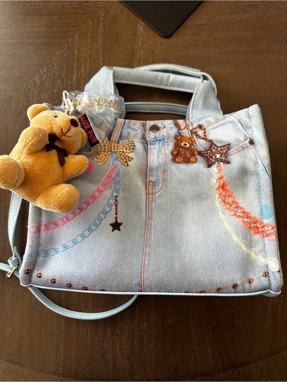 Betsey Johnson Light Blue Denim Tote with Teddy Charm w/ removable strap - Picture 16 of 16